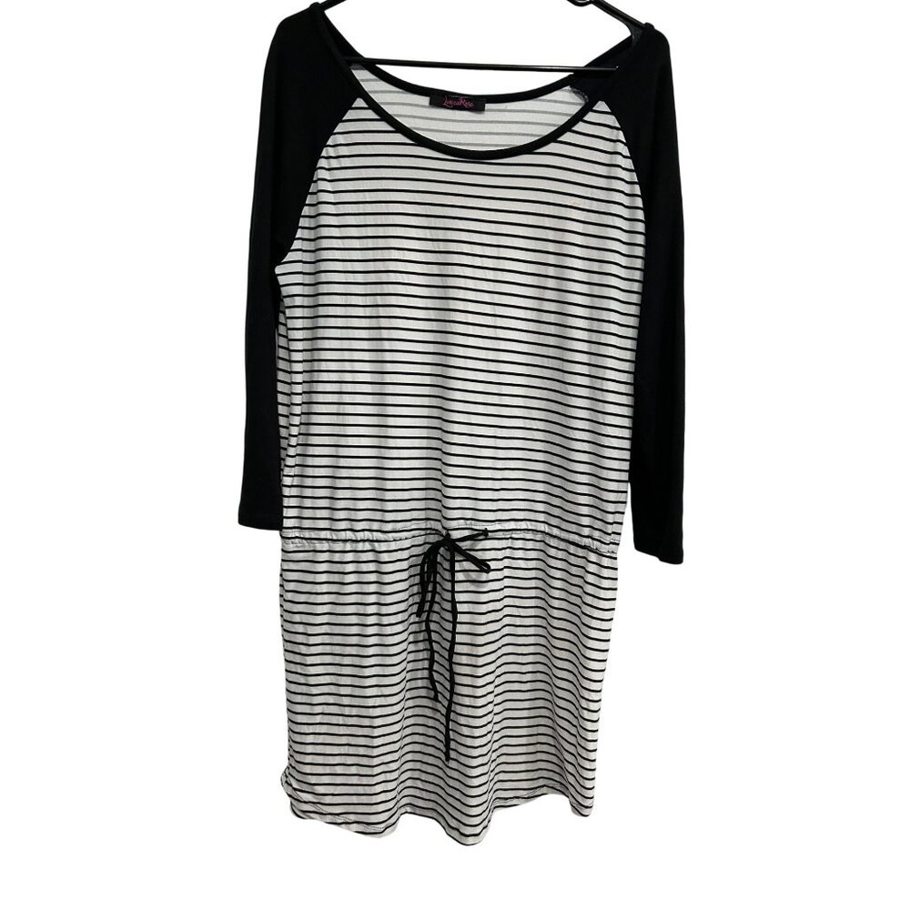 Lorena Rose Black White Striped Long Sleeve Dress Drawstring Waist